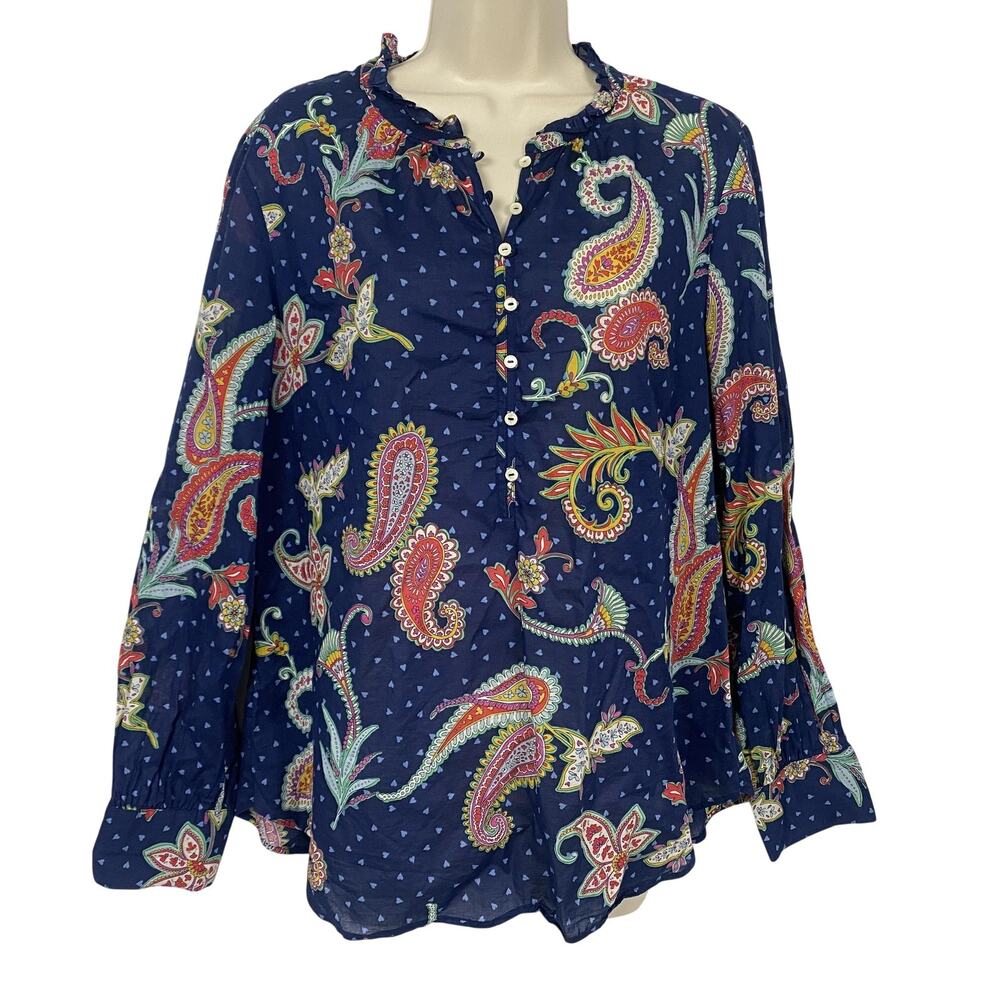 Talbots Top Large Blue Paisley Hearts Novelty Print Henley Ruffle Lightweight